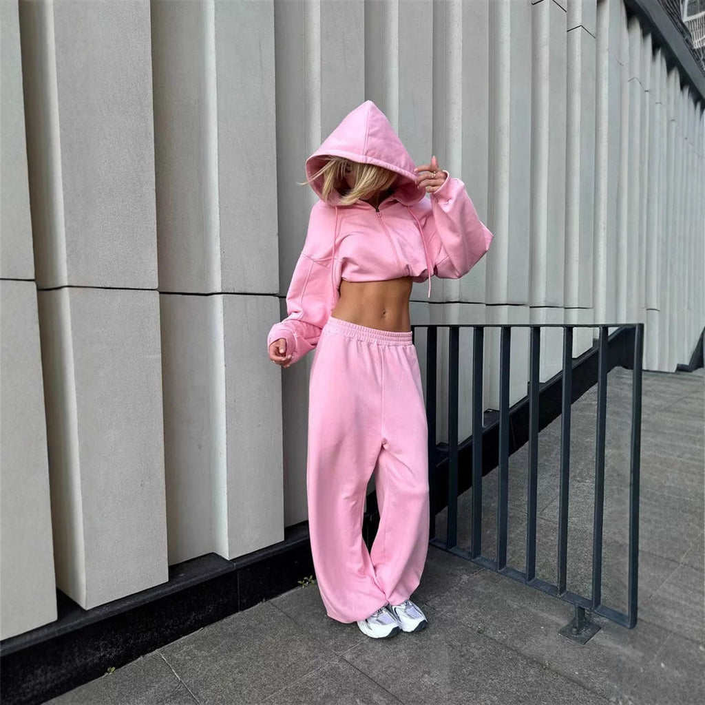 Damen nan kurz geschnittenes Zip-Hoodie und Highwaist Sweathose Lounge-Set mit Kapuze