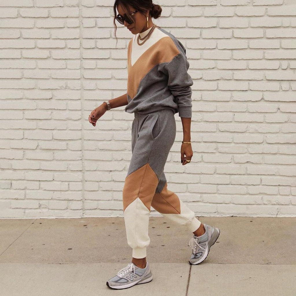 Damen nan sportives Colorblock-Sweatset mit Rundhalsausschnitt, Raglanärmeln und taillierter Jogginghose
