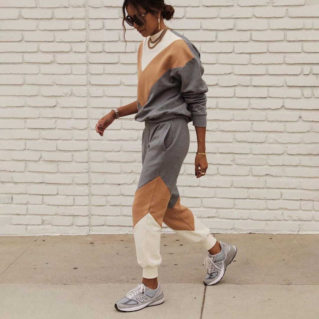 Damen nan sportives Colorblock-Sweatset mit Rundhalsausschnitt, Raglanärmeln und taillierter Jogginghose