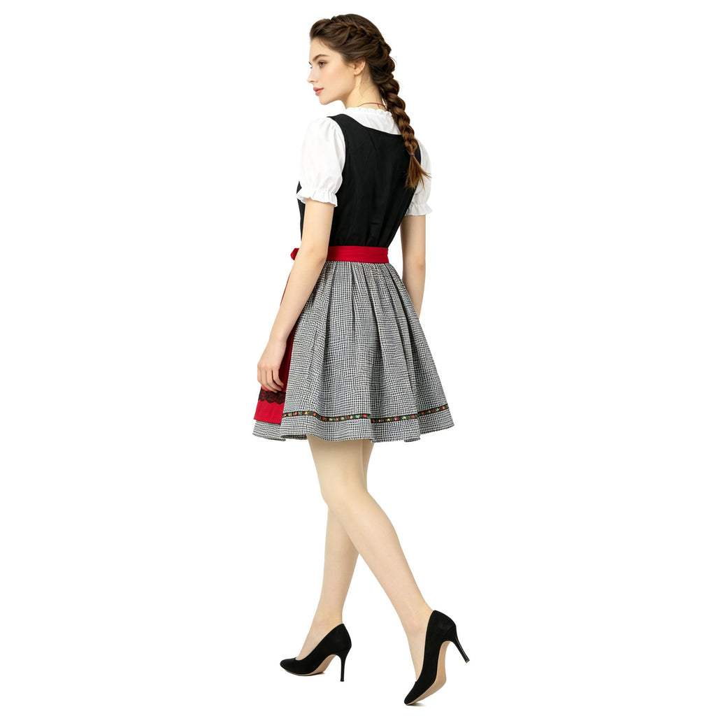 Damen nan kurzes traditionelles Dirndlkleid mit geschnürtem Mieder, Puffärmel-Bluse und aufgesetzter Schürze