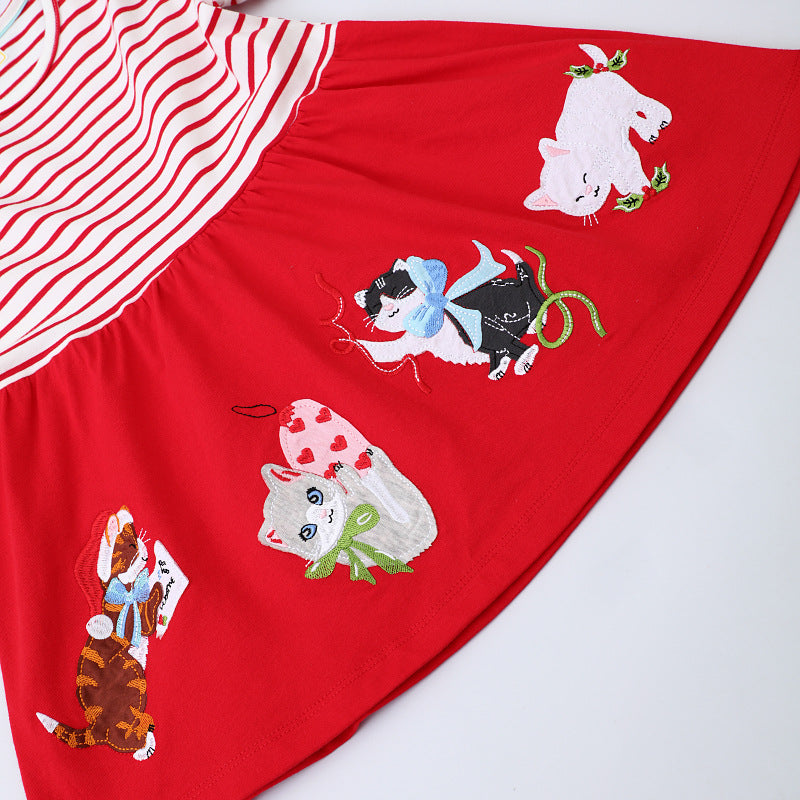 Mädchen Baumwollkleid mit verspielten Katzenapplikationen