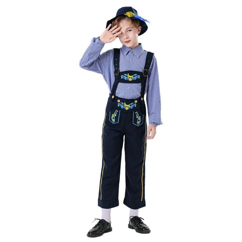 Herren nan bestickte Kindertracht Latzhose mit verstellbaren Hosenträgern und Kontrastnähten