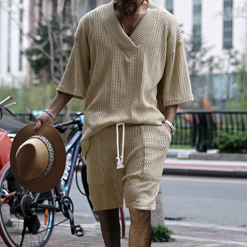 Herren nan lässiges Strick-Set mit V-Ausschnitt, Kurzarm-Oversize und Kordelshorts