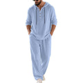 Herren nan lässiges Leinenzweiteiler-Set mit Kapuzenhemd im Henley-Stil und weiten Freizeit-Hosen