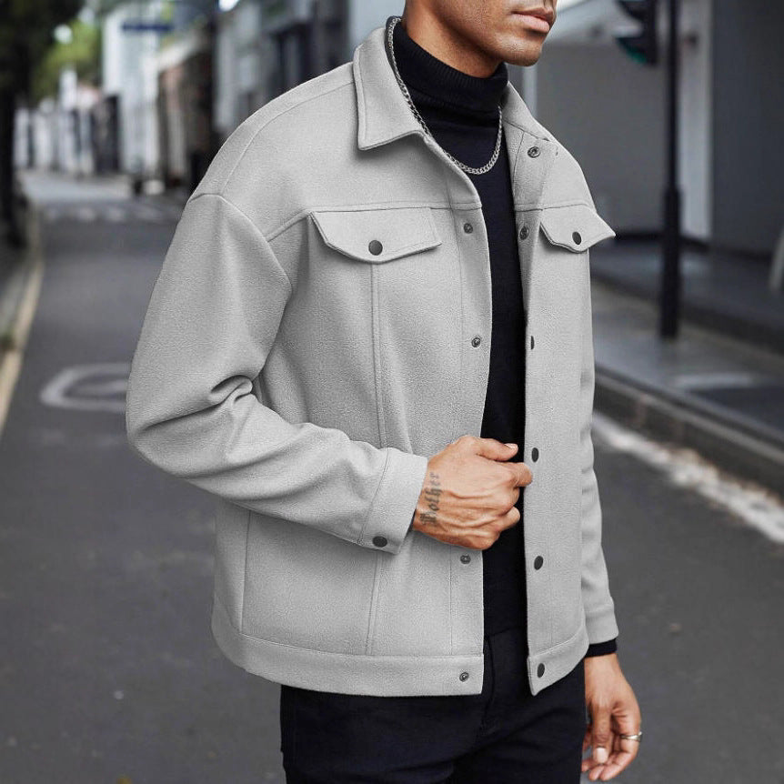 Herren nan Wolloptik-Overshirt Jacke im Shacket-Stil mit Brustklappen und Druckknopfleiste