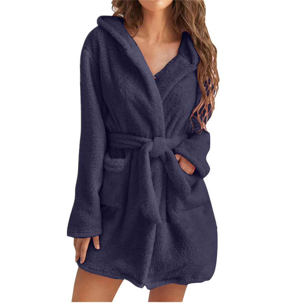 Damen Fleece Bademantel mit Kapuze und Gürtel Selmira
