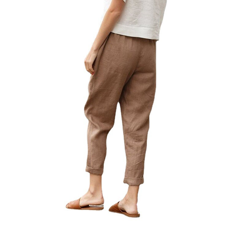Damen nan leichte Leinenhose mit elastischem Bund, seitlichen Eingrifftaschen und gekrempeltem Saum