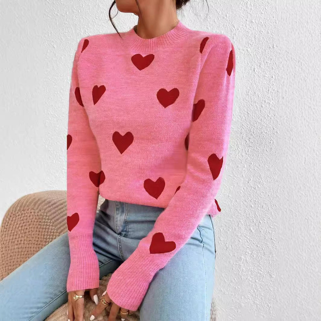 Damen nan kaschmirähnlicher Feinstrickpullover mit Allover-Herzmotiv, Rundhalsausschnitt und verlängerten Bündchen