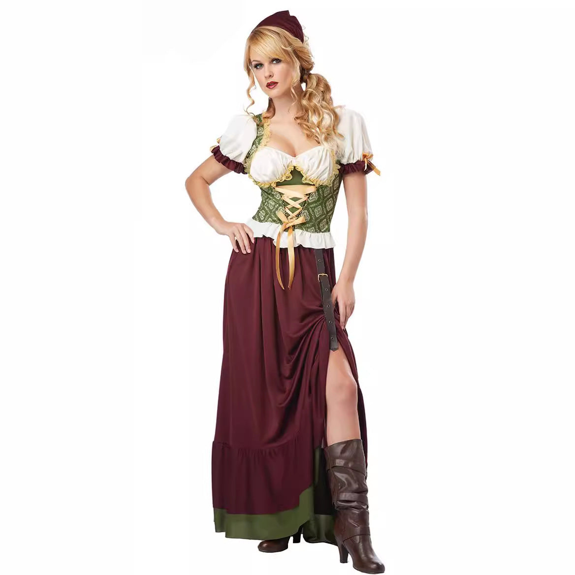 Damen nan geschnürtes Mittelalterkleid mit Corsagenmieder, Puffärmeln und hohem Rockschlitz
