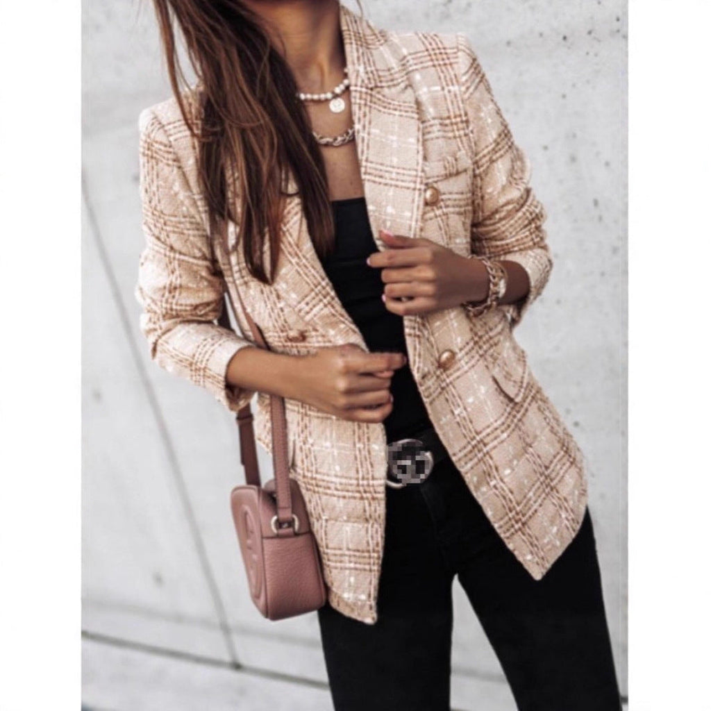 Damen nan eleganter Tweed-Blazer mit Doppelknopf, strukturierter Wung und aufgesetzten Taschen