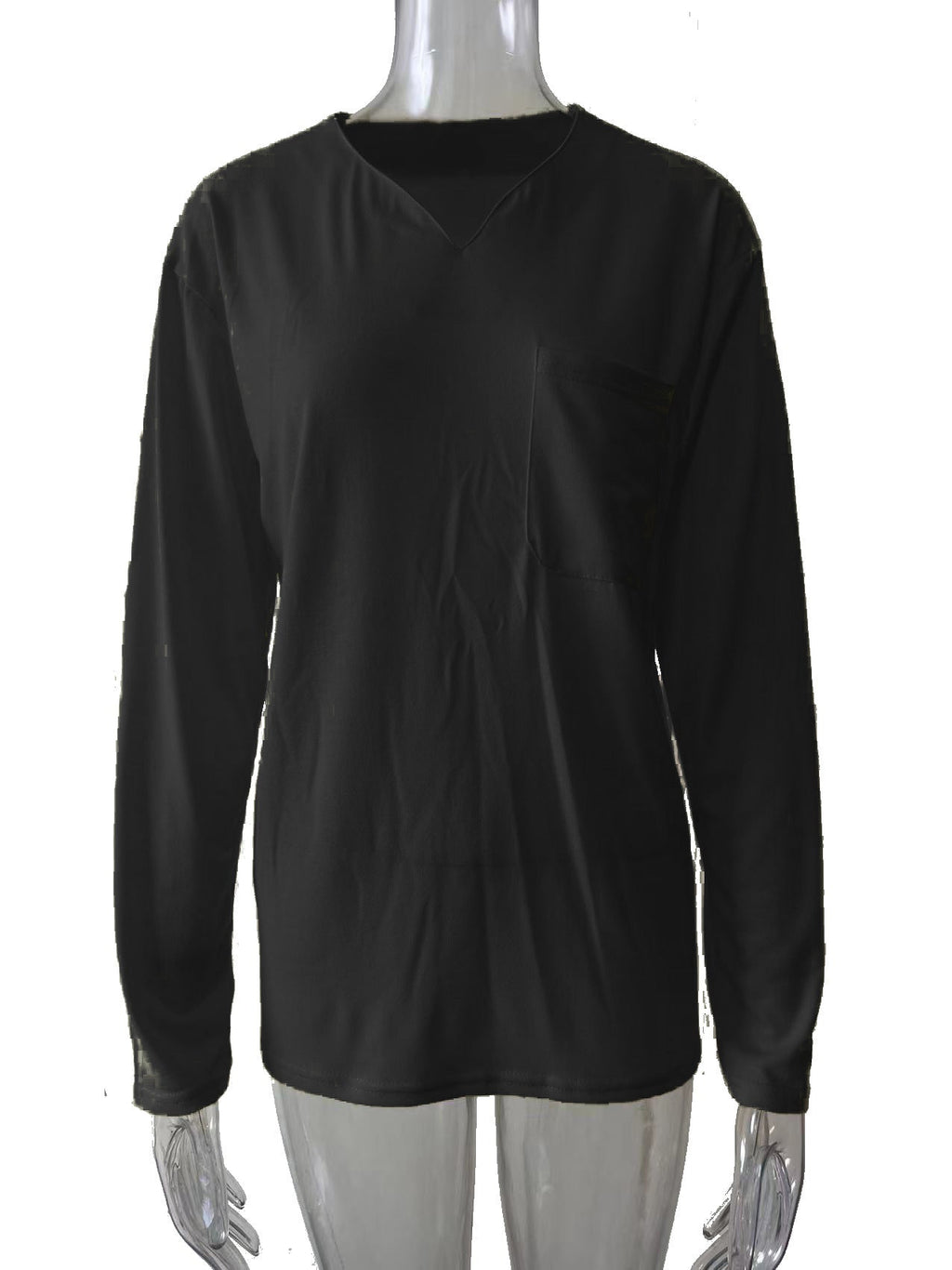 Damen nan legeres Langarmshirt mit V-Notch-Ausschnitt, Brusttasche und lockerer Oversize-Passform