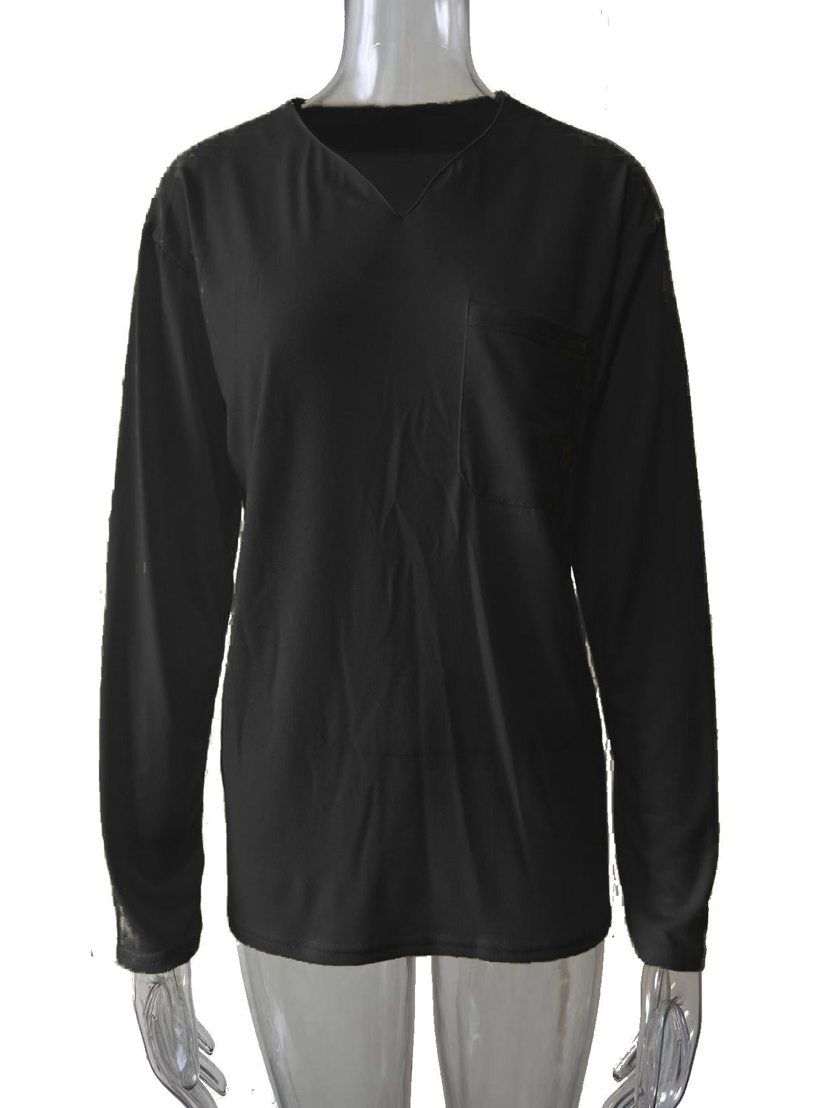 Damen nan legeres Langarmshirt mit V-Notch-Ausschnitt, Brusttasche und lockerer Oversize-Passform