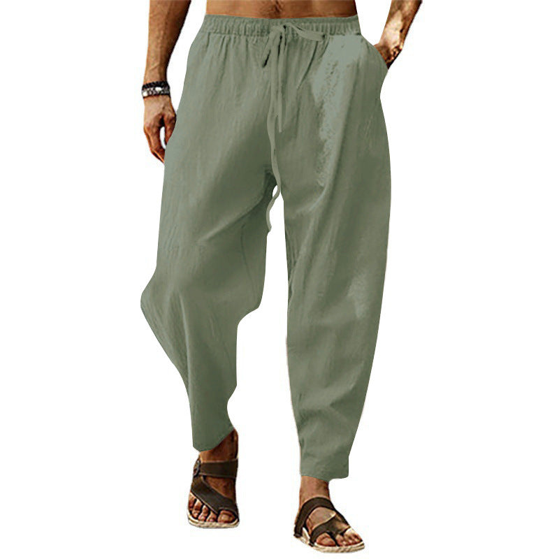 Herren nan entspannte Harem-Loungehose aus Leinenmix mit weitem Bein, elastischem Bund, Kordelzug und seitlichen Eingrifftaschen