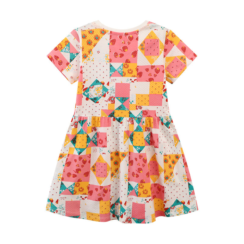 Mädchen Kurzarm Kleid mit fröhlichem Patchwork-Design