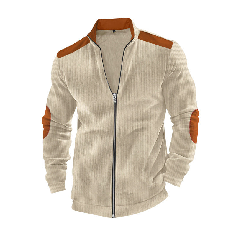 Herren nan Stehkragen-Sweatjacke mit feiner Rippstruktur, Ellbogen-Patches und kontrastierenden Schulterdetails