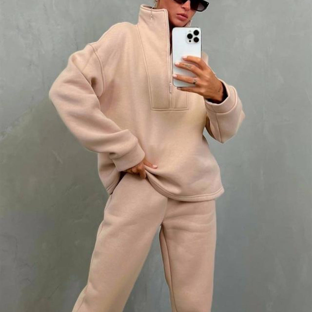 Damen nan weiches Oversize-Halbzip-Loungewear-Set mit hohem Stehkragen und taillierter Jogginghose