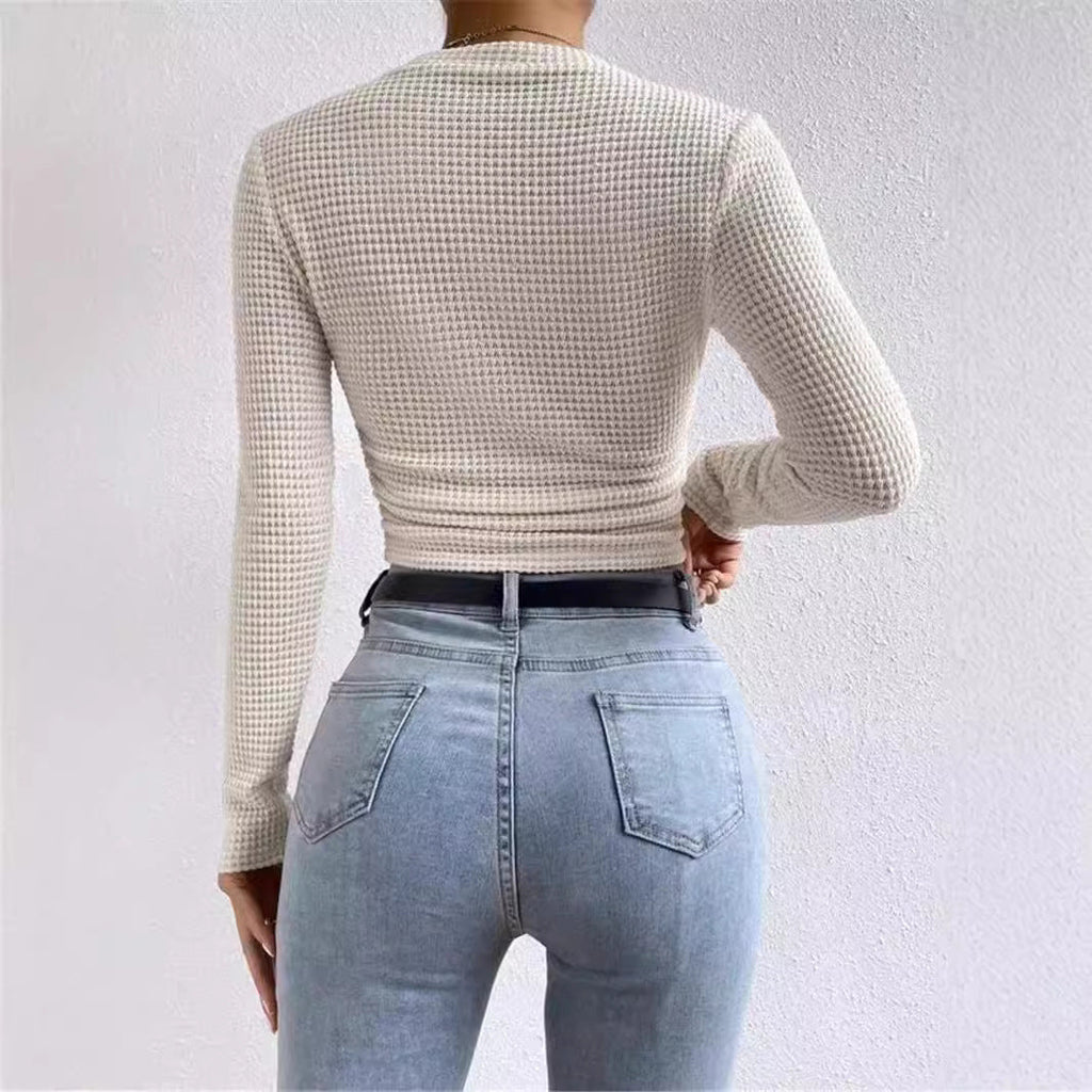 Damen nan tailliertes kurzgeschnittenes Waffelstrickshirt mit Rundhalsausschnitt und figurbetonter Passform
