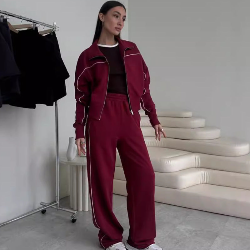 Damen nan zweiteiliges Sport-Loungewear-Set mit Stehkragen und Kontrastpaspel