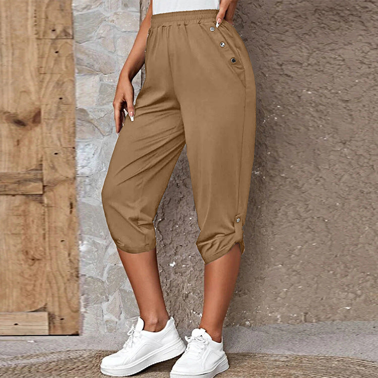 Damen nan lässige dreiviertellange Hose mit elastischem Bund, Eingrifftaschen und krempelbarem Saum