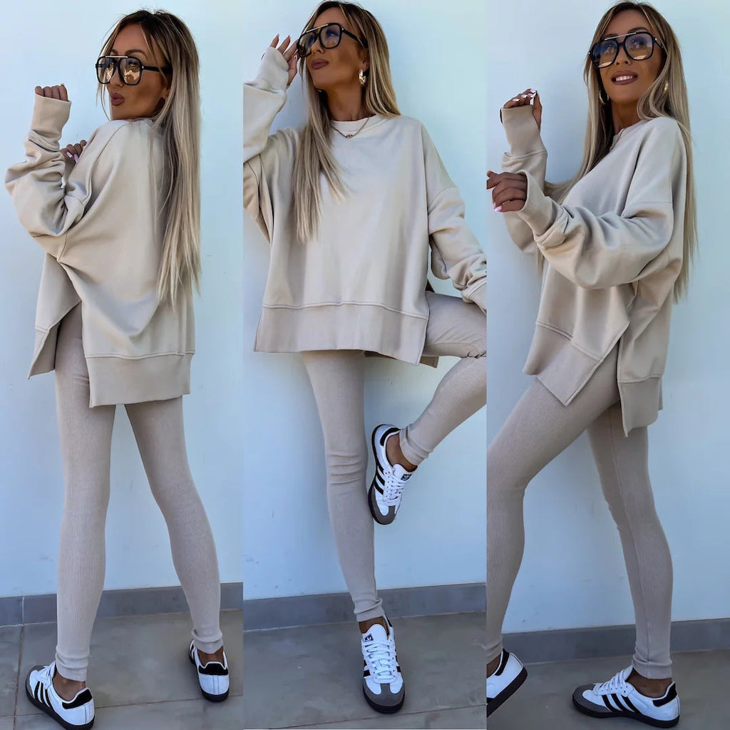 Damen nan Oversize Sweatshirt mit taillierten Rib-Leggings Set