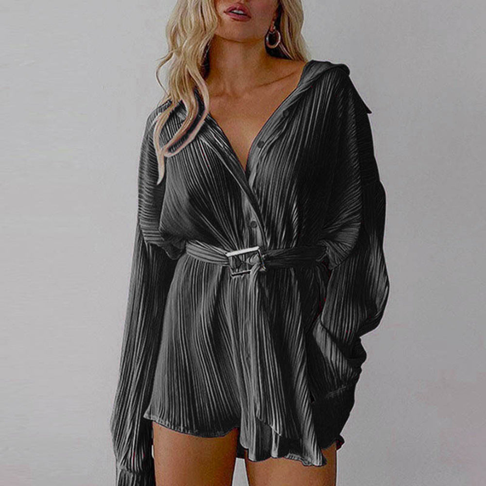 Damen nan plissiertes Hemdkleid mit Taillengürtel und verdeckter Knopfleiste