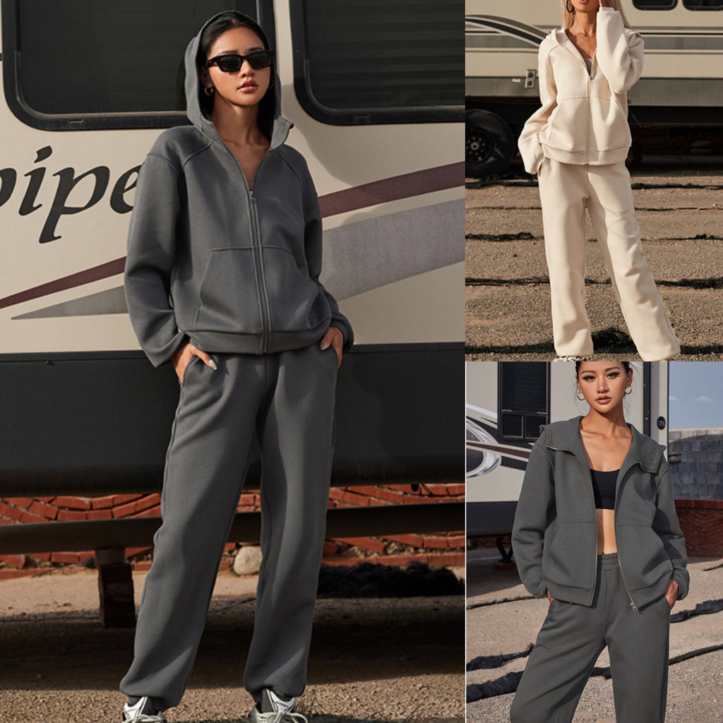 Damen nan athletisches Freizeit-Set mit Zip-Hoodie im Oversize-Schnitt und taillenhoher Komfort-Jogginghose