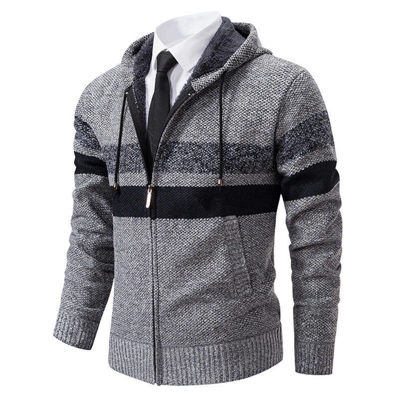 Herren nan gefütterte Kapuzen-Strickjacke mit Teddyfutter, durchgehendem Reißverschluss und kontrastierenden Streifen