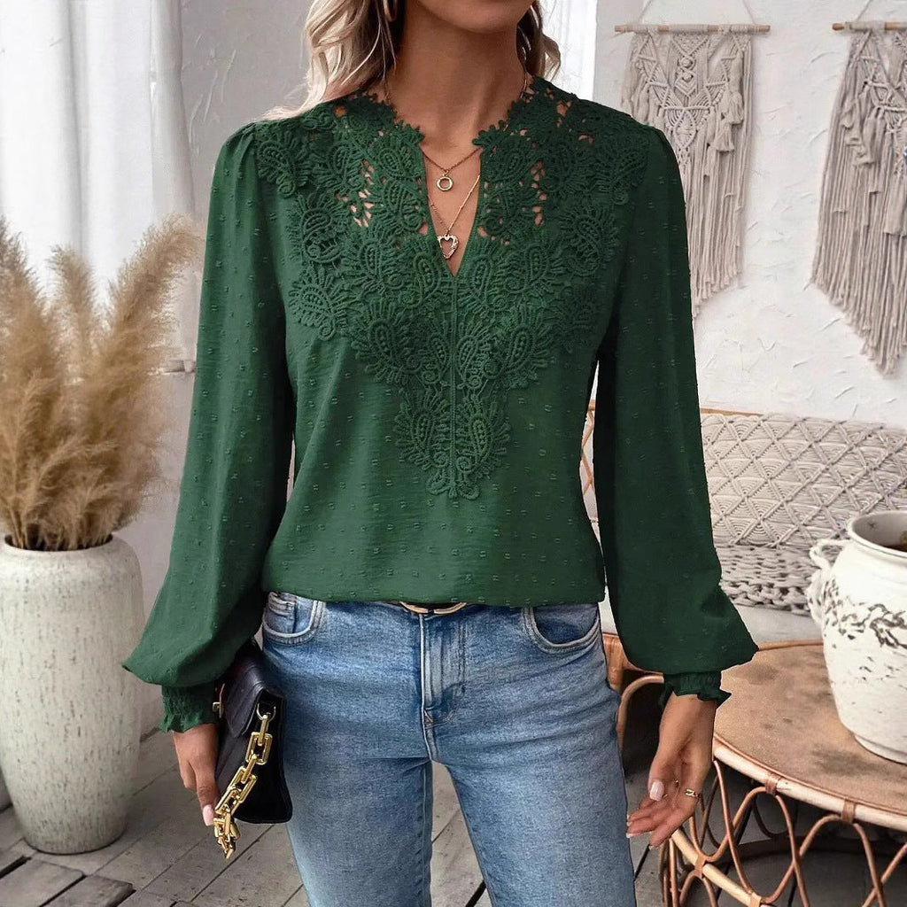 Damen nan Spitzenapplikation V-Ausschnitt Bluse mit Strukturpunkt, gerafften Manschetten und leicht taillierter Silhouette
