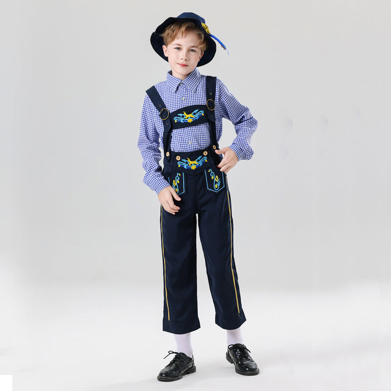 Herren nan bestickte Kindertracht Latzhose mit verstellbaren Hosenträgern und Kontrastnähten