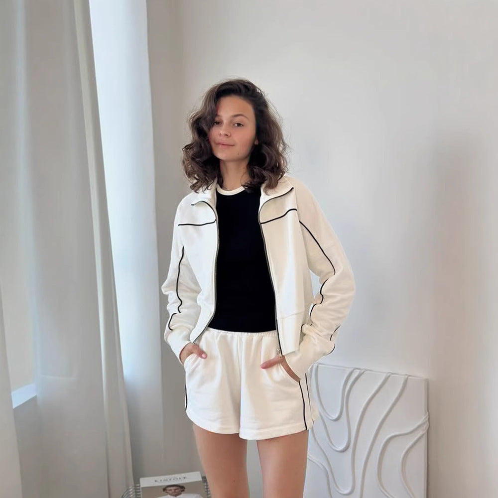 Damen nan athletischer Zweiteiler mit formendem Sportbustier, taillierter Highwaist-Sweatshorts und Zip-Hoodie