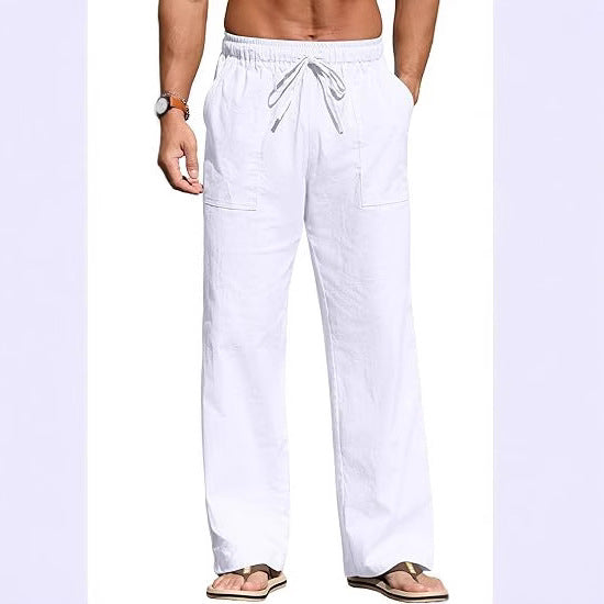 Herren nan leichte Leinenhose mit elastischem Bund, Kordelzug und aufgesetzten Taschen