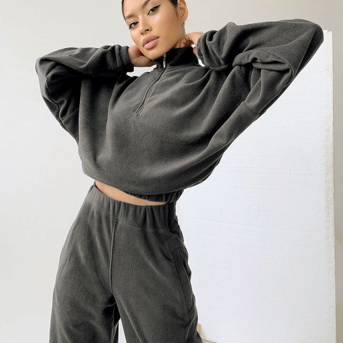 Damen nan kurz geschnittenes Thermo-Fleece-Set mit Halbfront-Reißverschluss und hohem Komfortbund
