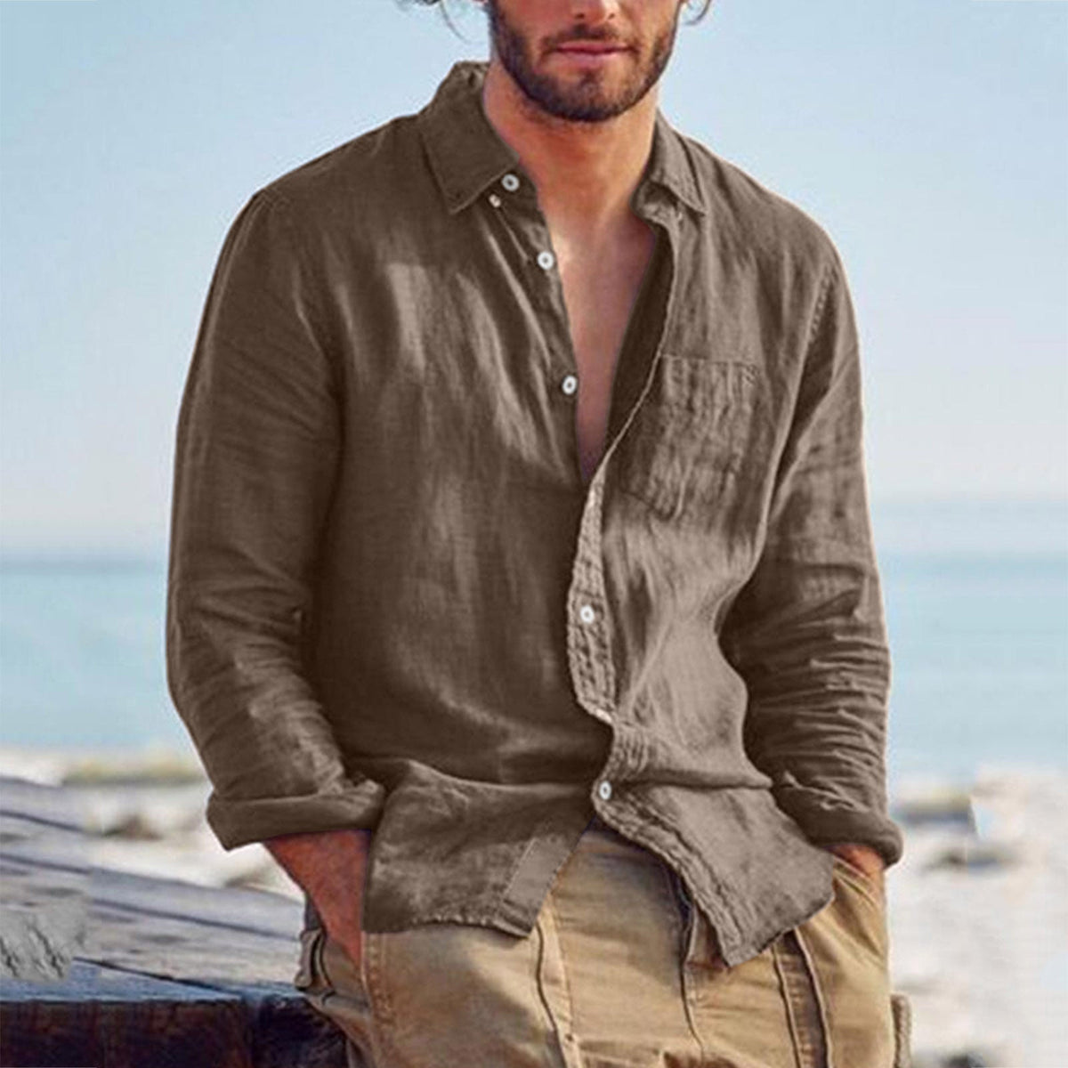 Herren nan Leinenhemd mit Brusttasche und lässiger Strandpassform