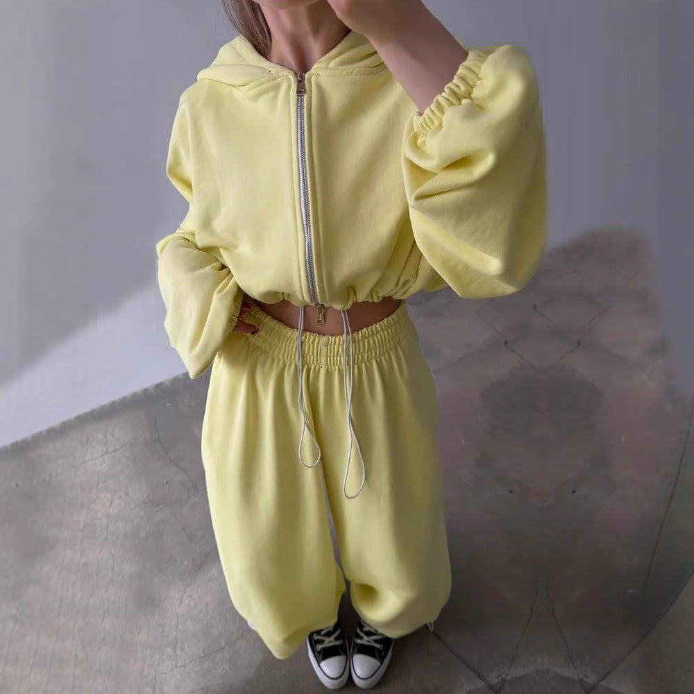 Damen nan kurzes Reißverschluss-Cropped-Hoodie und weitgeschnittene Highwaist-Loungehose Set
