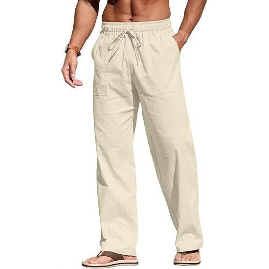 Herren nan leichte Leinenhose mit elastischem Bund, Kordelzug und aufgesetzten Taschen