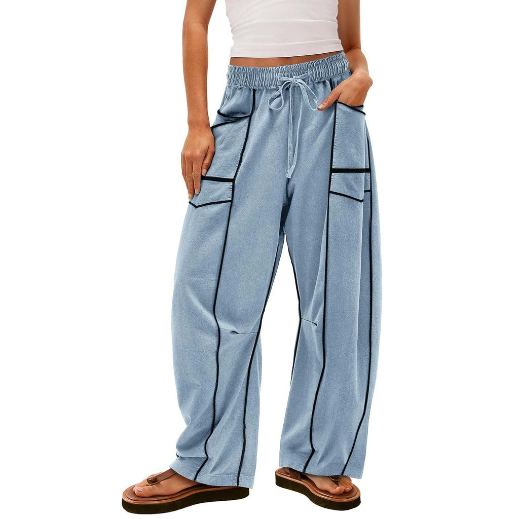 Damen nan weite Lounge-Hose mit Kordelzug, Kontrastpaspelierung und Cargo-Taschen