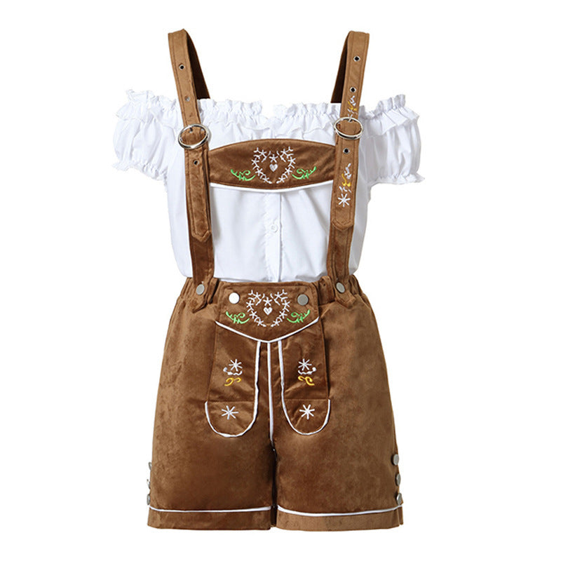 Damen nan Trachten-Latzhose Shorts mit filigraner Stickerei und verstellbaren Trägern