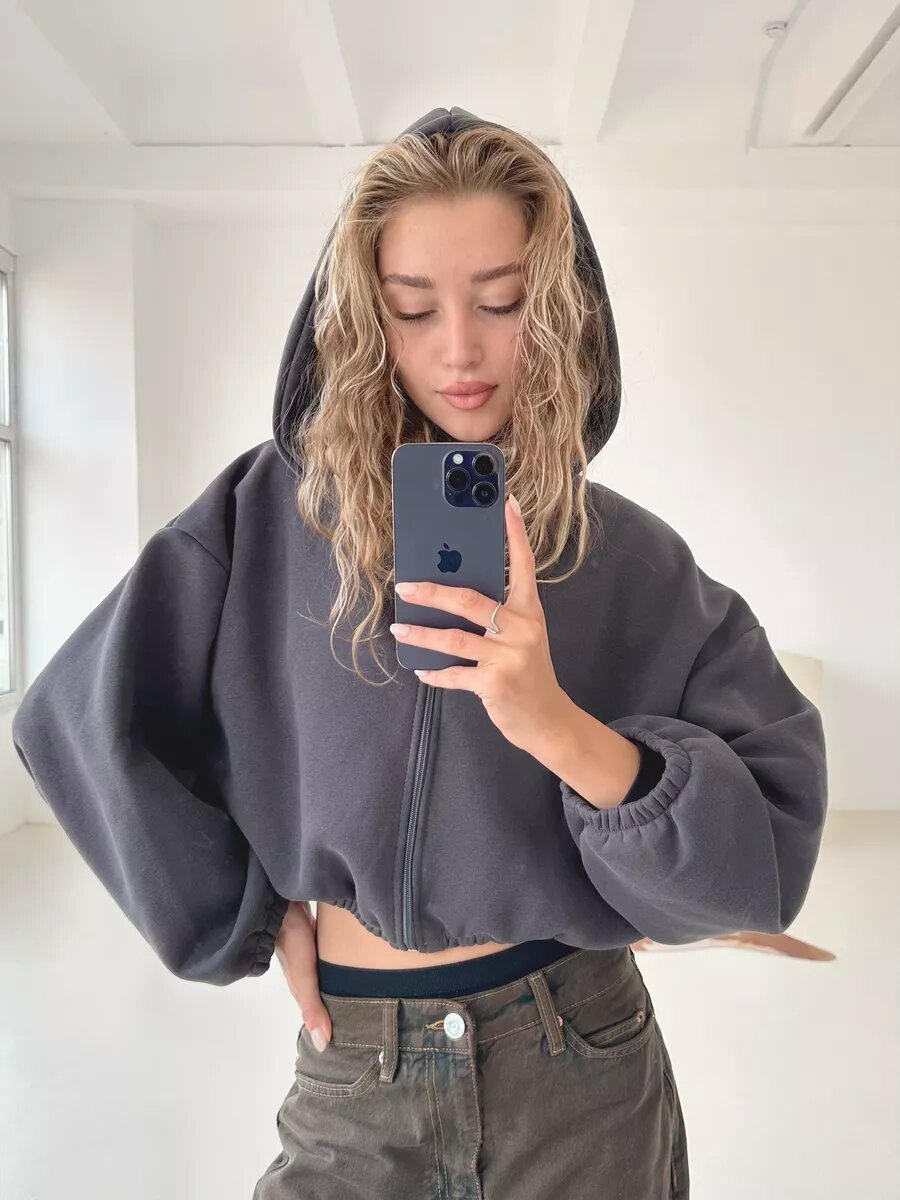 Damen nan oversized Kapuzenjacke kurz geschnitten mit elastischem Saum und Ballonärmeln
