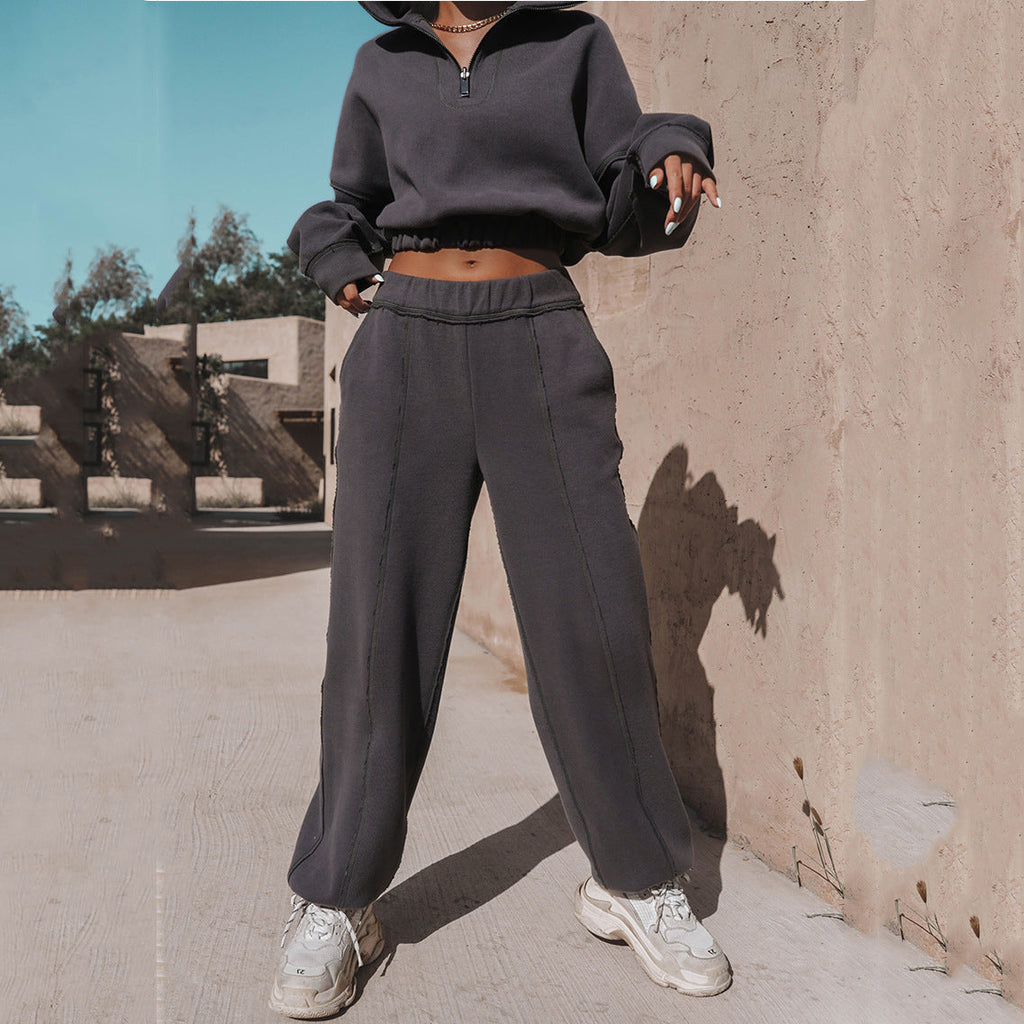 Damen nan kurzes Kapuzen-Sweatshirt mit halbem Reißverschluss elastischem Saum und Kontrastnähten