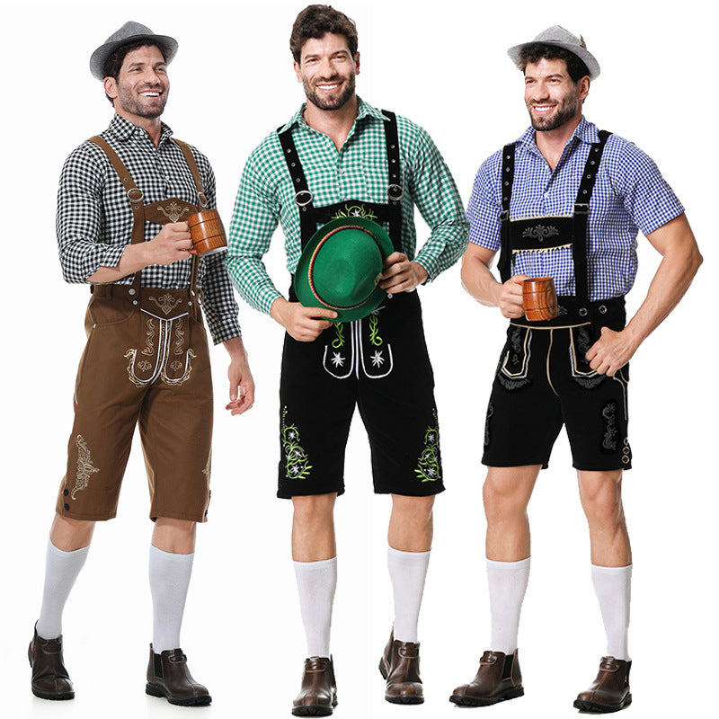 Herren nan bayerisches Trachten-Set Kniundhose mit besticktem Vorderspiegel und verstellbaren Hosenträgern