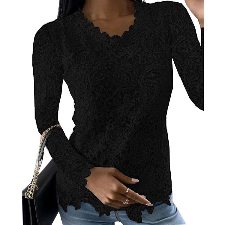 Damen nan figurbetonte Spitzenbluse mit floraler Allover-Spitze, Langarm und gezacktem Saum