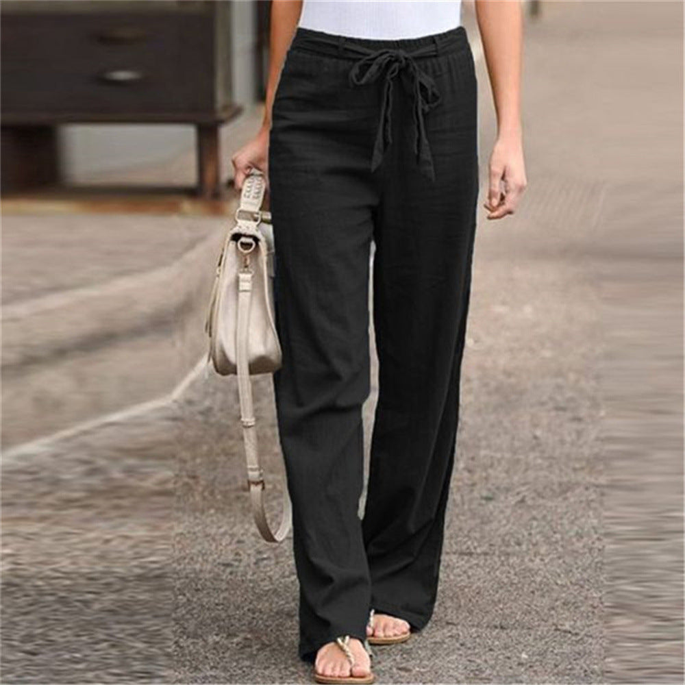 Damen nan weite Leinenhose mit Tunnelzugbund, geradem Bein und Eingrifftaschen