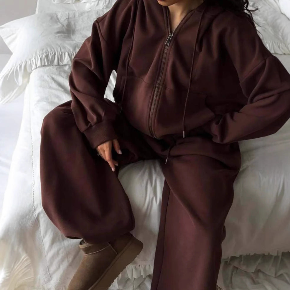 Damen nan weites Lounge-Set mit Zip-Hoodie, Kängurutasche und extraweiter Highwaist-Jogginghose