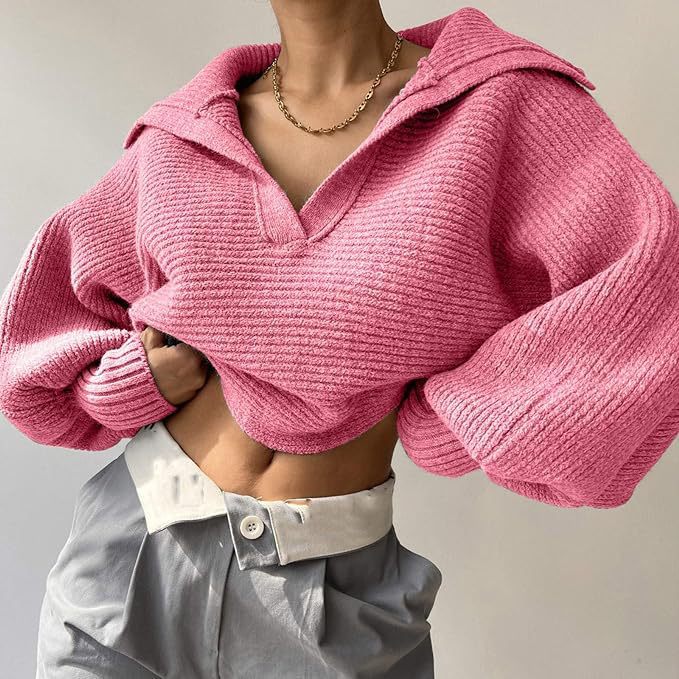 Damen nan Grobstrick-Pullover mit weitem Kragen und V-Ausschnitt
