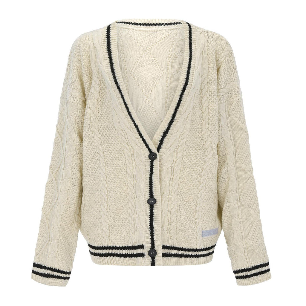 Damen nan oversized Zopfmuster-Cardigan mit V-Ausschnitt, Knopfleiste und Sternapplikationen