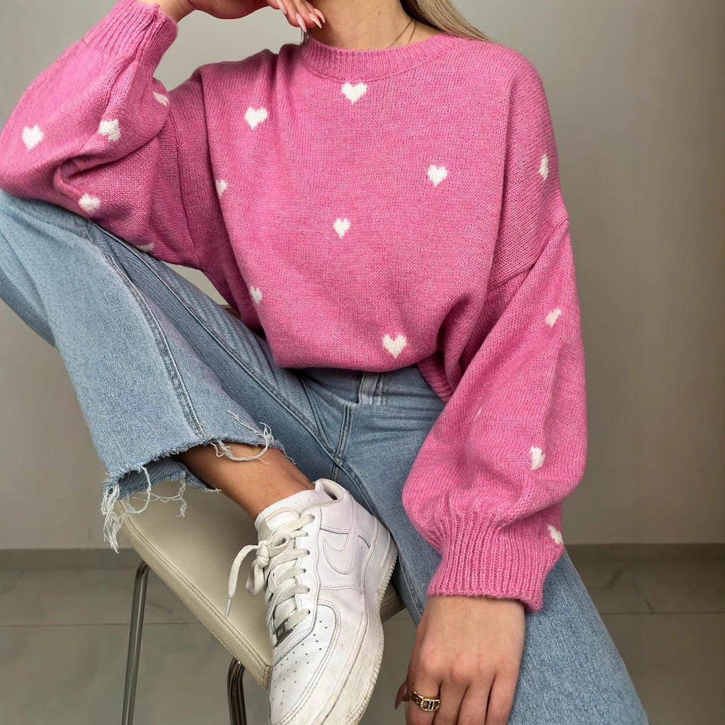 Damen nan oversized Strickpullover mit Herzintarsien und Ballonärmeln
