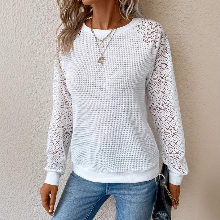Damen nan Pullover mit Waffelstruktur, Raglanform und transparenter Spitzenärmel