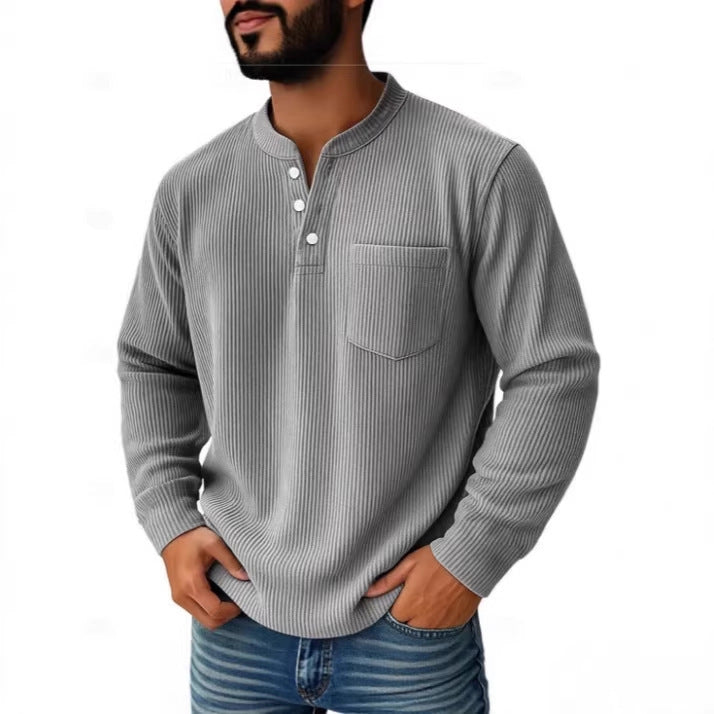 Herren nan thermisches Waffelstrick-Henleyshirt mit Stehkragen Brusttasche und geripptem Komfortschnitt