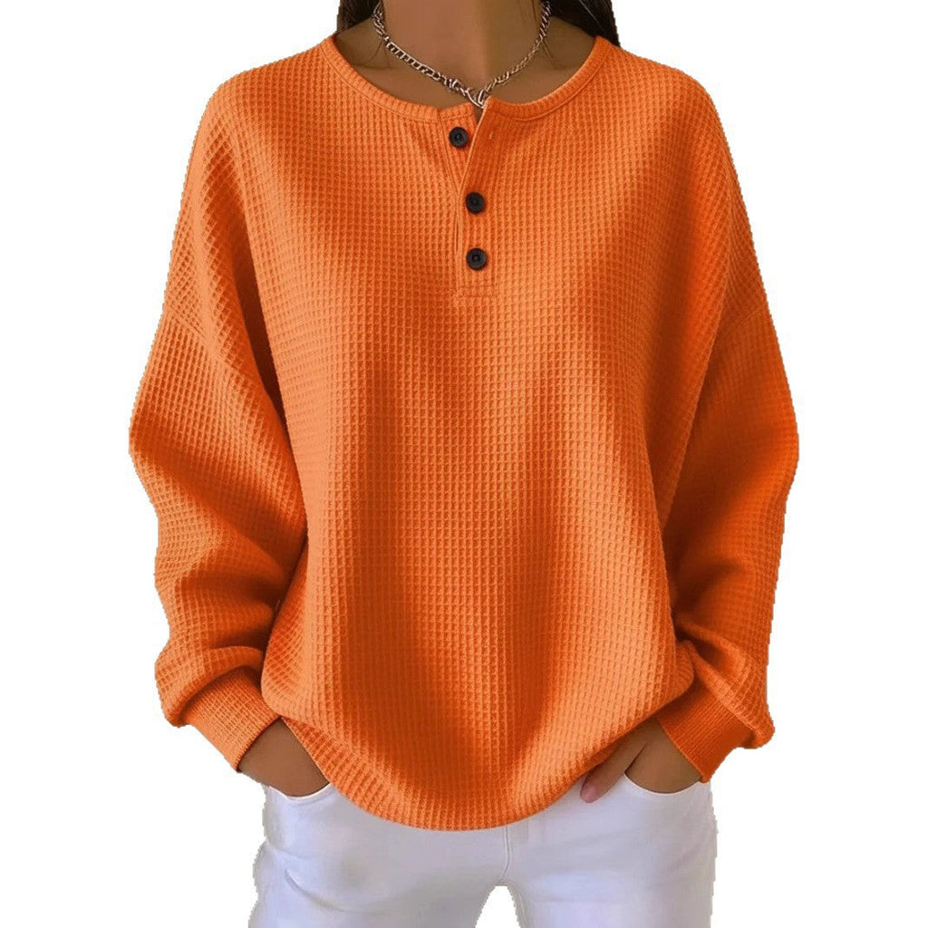 Damen nan Oversized Waffelstrick Henley-Pullover mit Knopfleiste und abgerundetem Saum