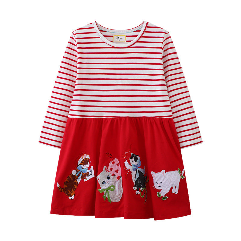 Mädchen Baumwollkleid mit verspielten Katzenapplikationen